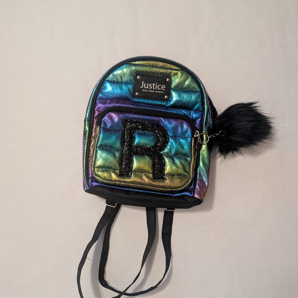Justice Kids' Rainbow Backpack with Black Pom Pom